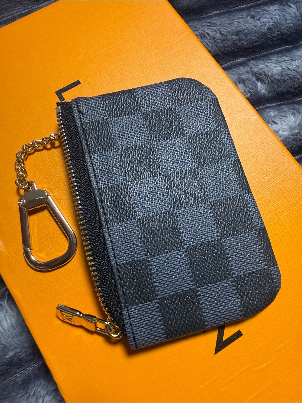 Luxury Checkerboard Zip Key Pouch in Black & Gray